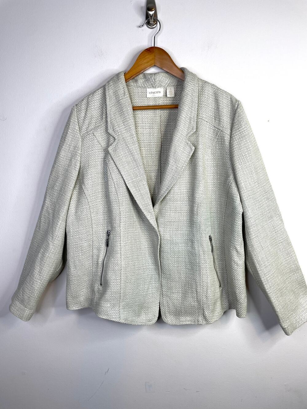 Chicos Shine Textured Woven Jacket Blazer Neutral Beige Minimalist 3 Womens XL